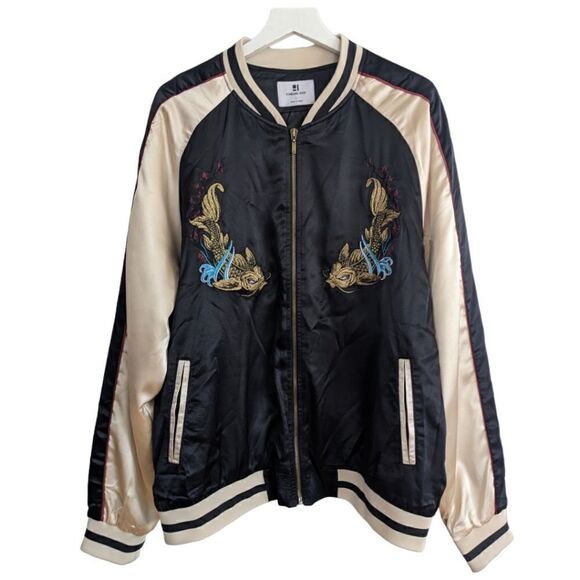 Standard Issue Embroidered Samurai Koi Fish Tokyo Bomber Jacket Cream Black Sz L - Picture 1 of 7
